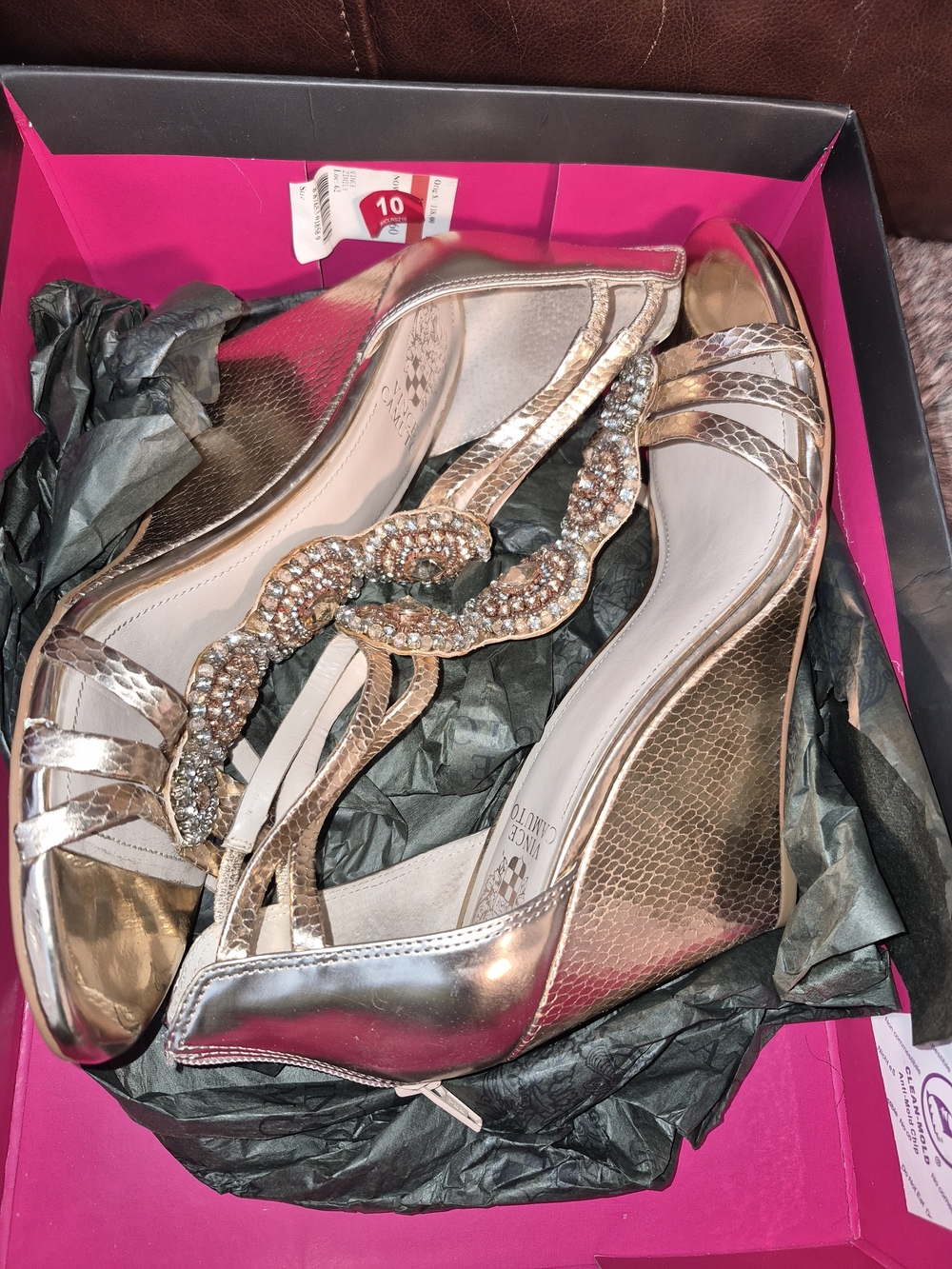 Vince Camuto Gold Jeweled T-Strap Evening Heels - Picture 2 of 4